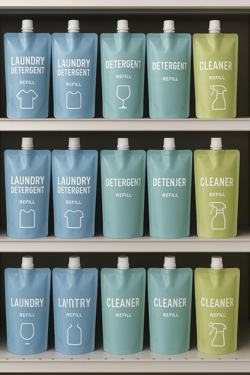 Household cleaning refill pouches with spouts on a store shelf.