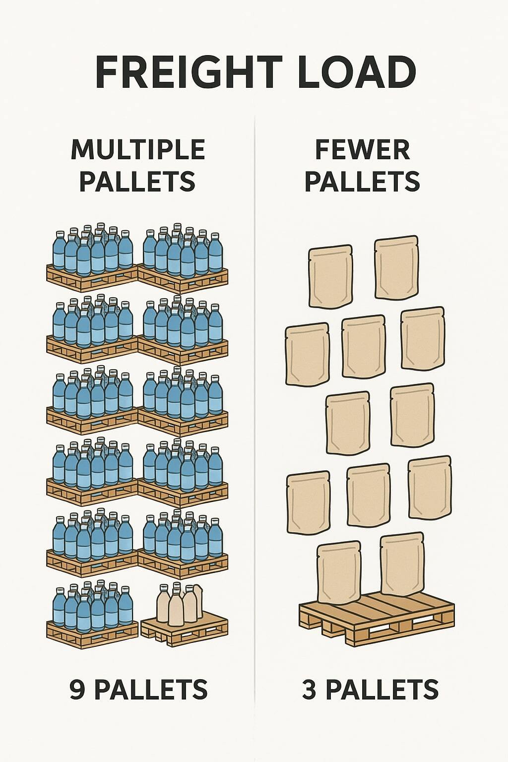 Visual comparing freight loads required for bottles versus pouches.