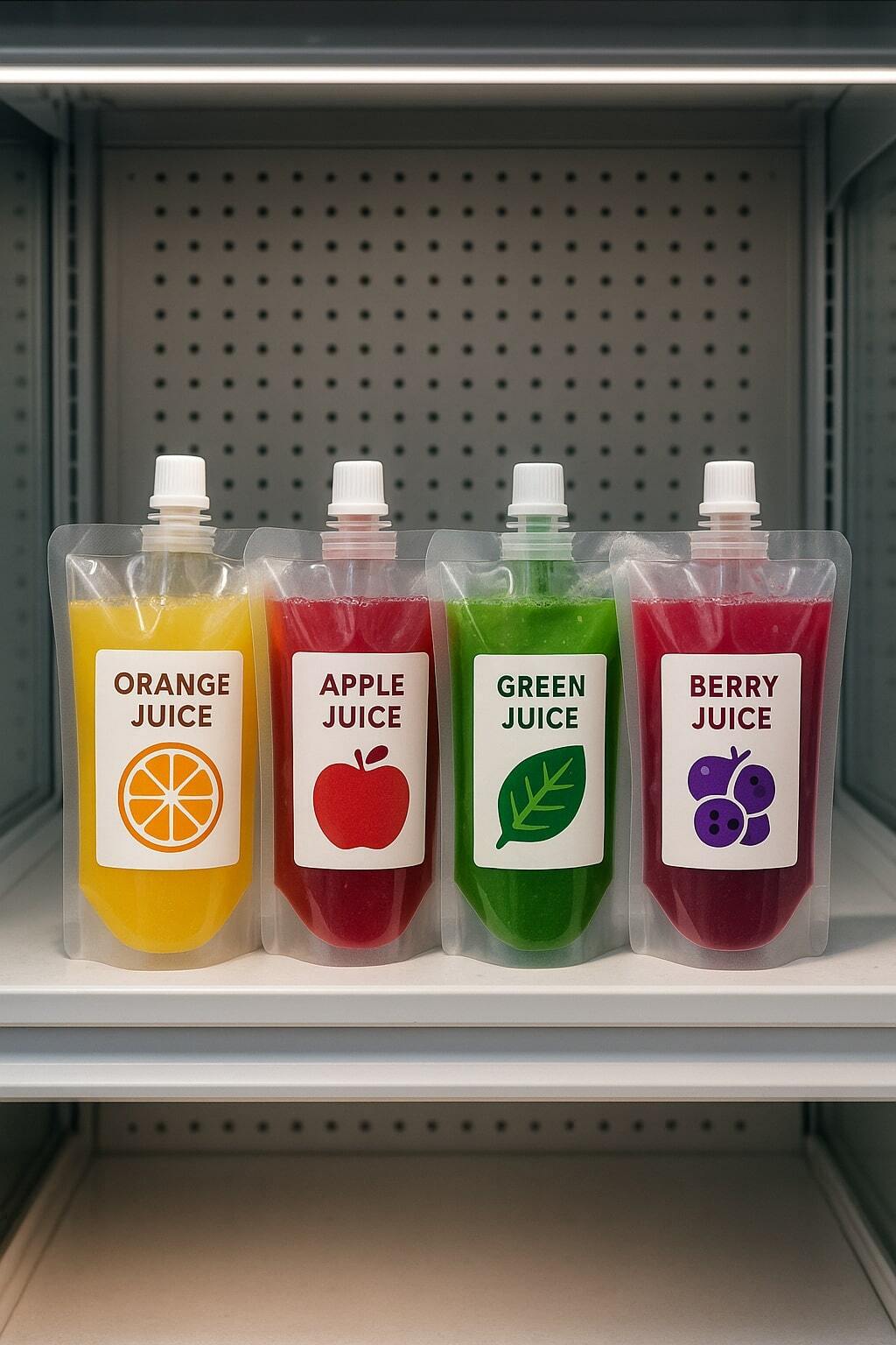 Colorful juice pouches displayed upright in a cooler.
