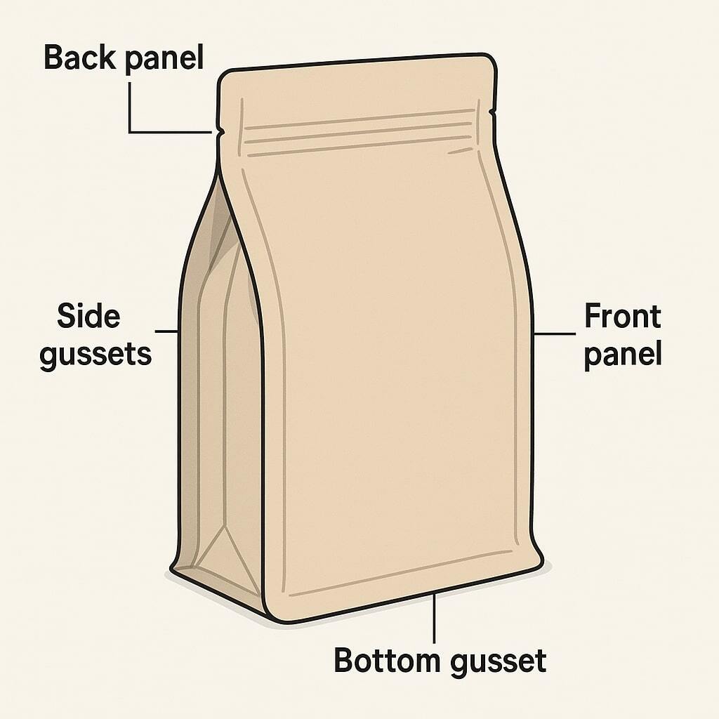 Diagram of stand-up pouch anatomy labeled front panel, back panel, bottom gusset, and side gussets.