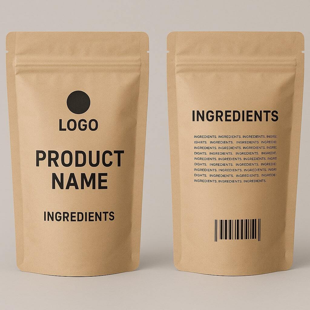 Mockup showing front and back of a pouch with branding callouts for logo, product name, ingredients, and barcode.