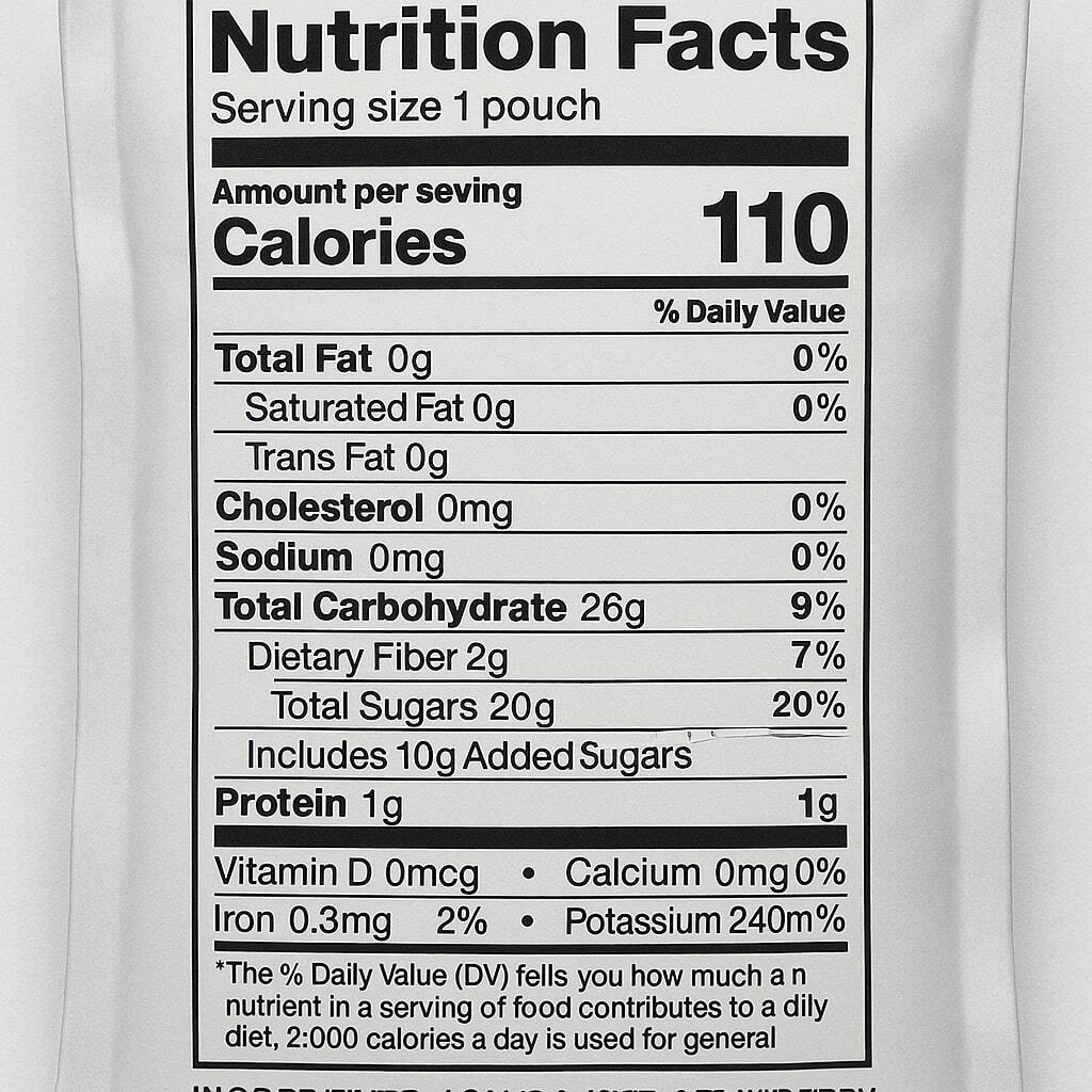 Close-up of FDA nutrition facts panel and ingredient list on the back of a food pouch.