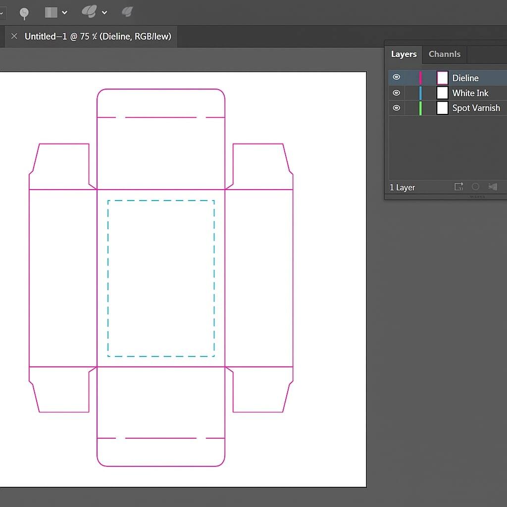 Screenshot of an Adobe Illustrator dieline file with layers labeled for dieline, white ink, and spot varnish.