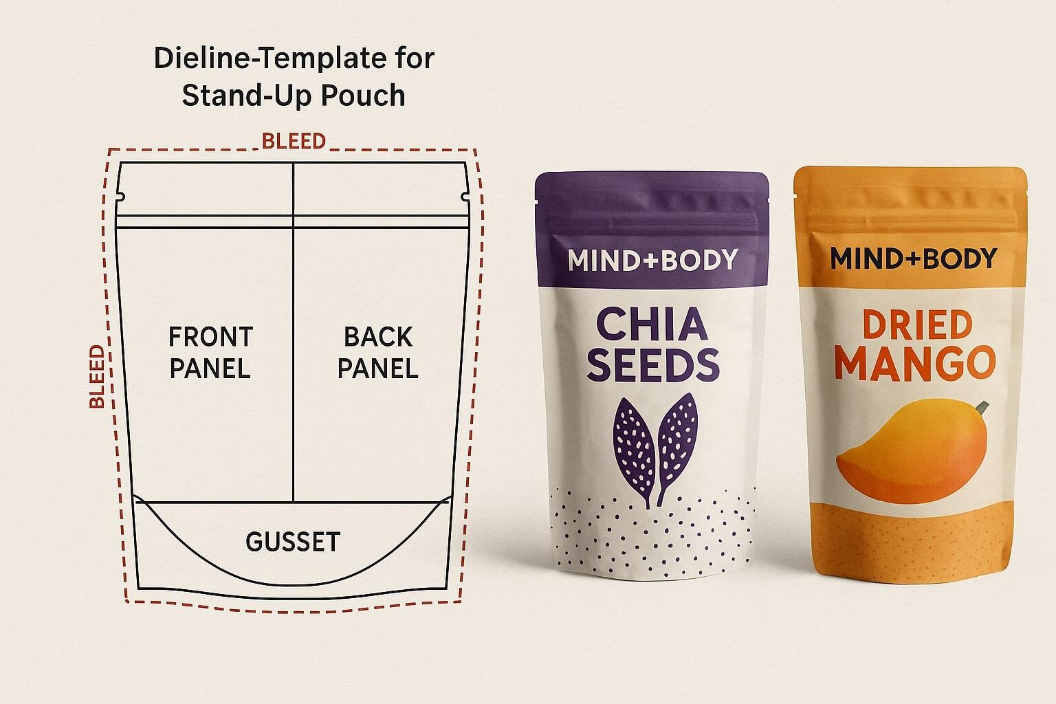 Labeled dieline template for a stand-up pouch showing front panel, back panel, gusset, and bleed areas. If there are realistic pouches in the image the pouches should have some design elements as though you might find them in a grocery store. Use the fictitious company Mind+Body as the brand and label the products with real products that would be packaged in the pouches. Do not use Lorem Ipsum copy in the graphic.