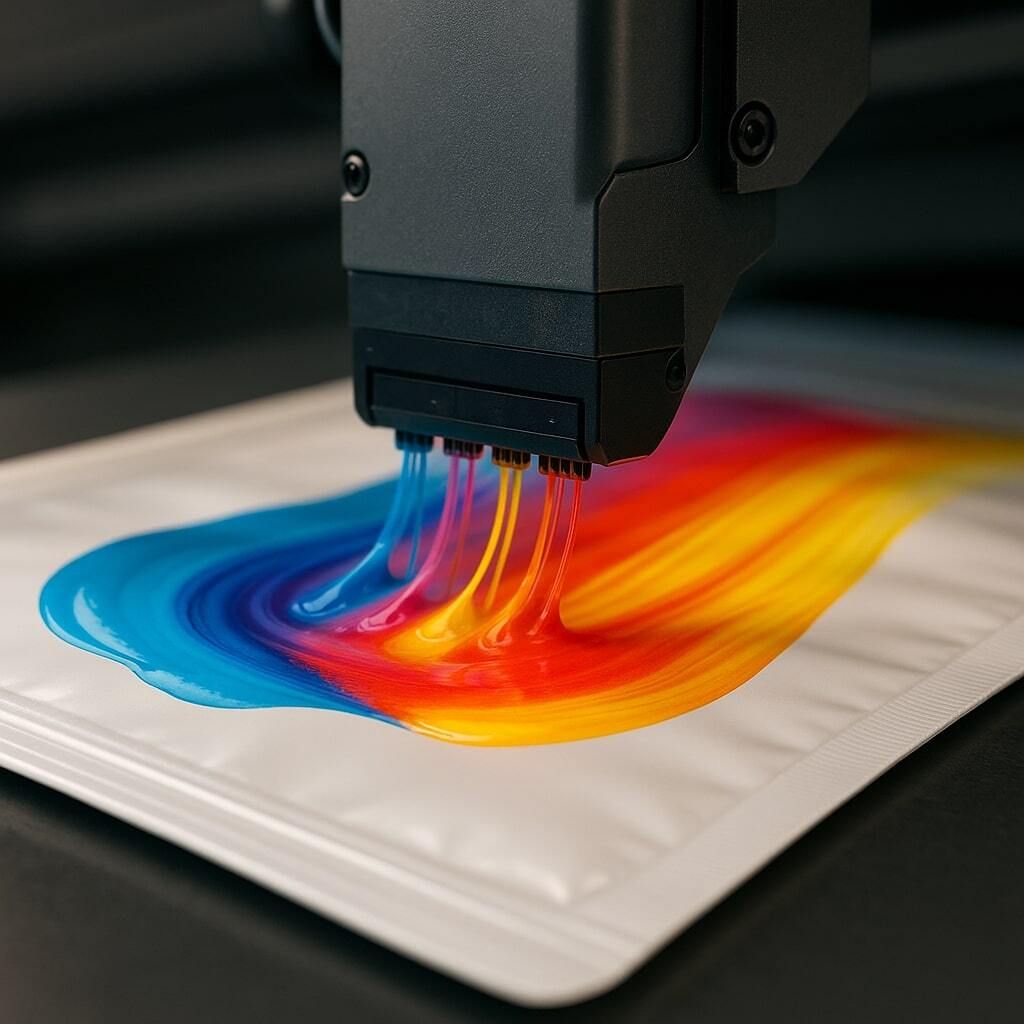 Close-up of digital printing head applying vibrant color directly onto flexible pouch film.