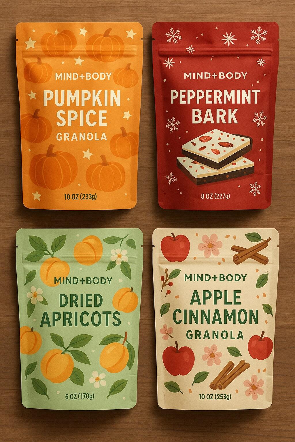 Digitally printed stand up pouches laid out in short-run seasonal variants.