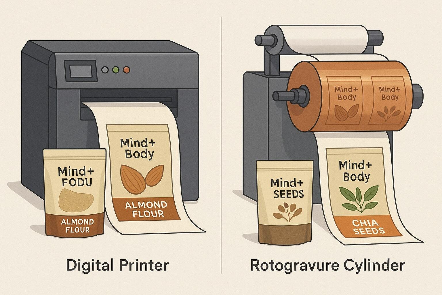Side-by-side illustration of a digital printer and a rotogravure cylinder printing on flexible packaging film. If there are realistic pouches in the image the pouches should have some design elements as though you might find them in a grocery store. Use the fictitious company Mind+Body as the brand and label the products with real products that would be packaged in the pouches. Do not use Lorem Ipsum copy in the graphic.
