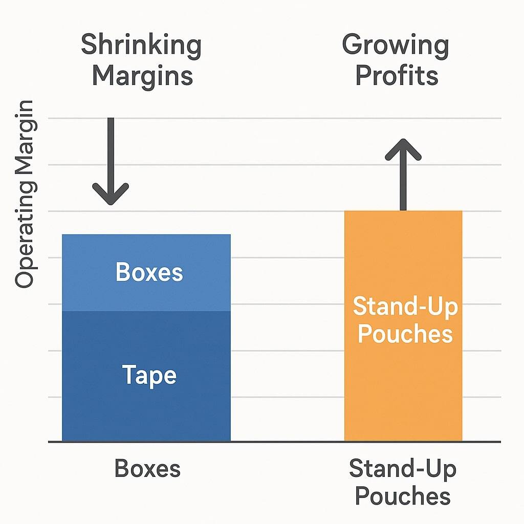 Chart showing shrinking margins on boxes and tape versus growing profits in stand-up pouches.