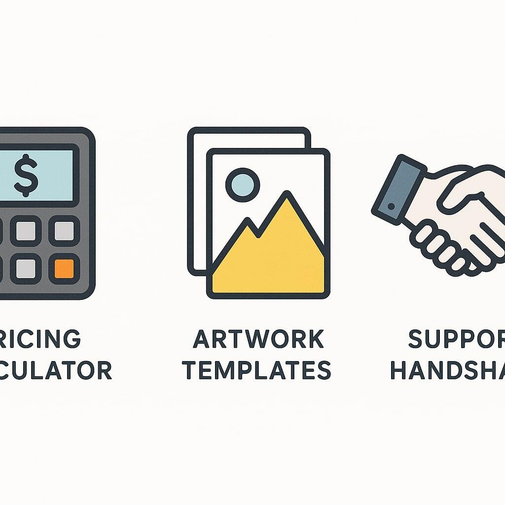 Toolkit icons for pricing calculator, artwork templates, and support handshake.