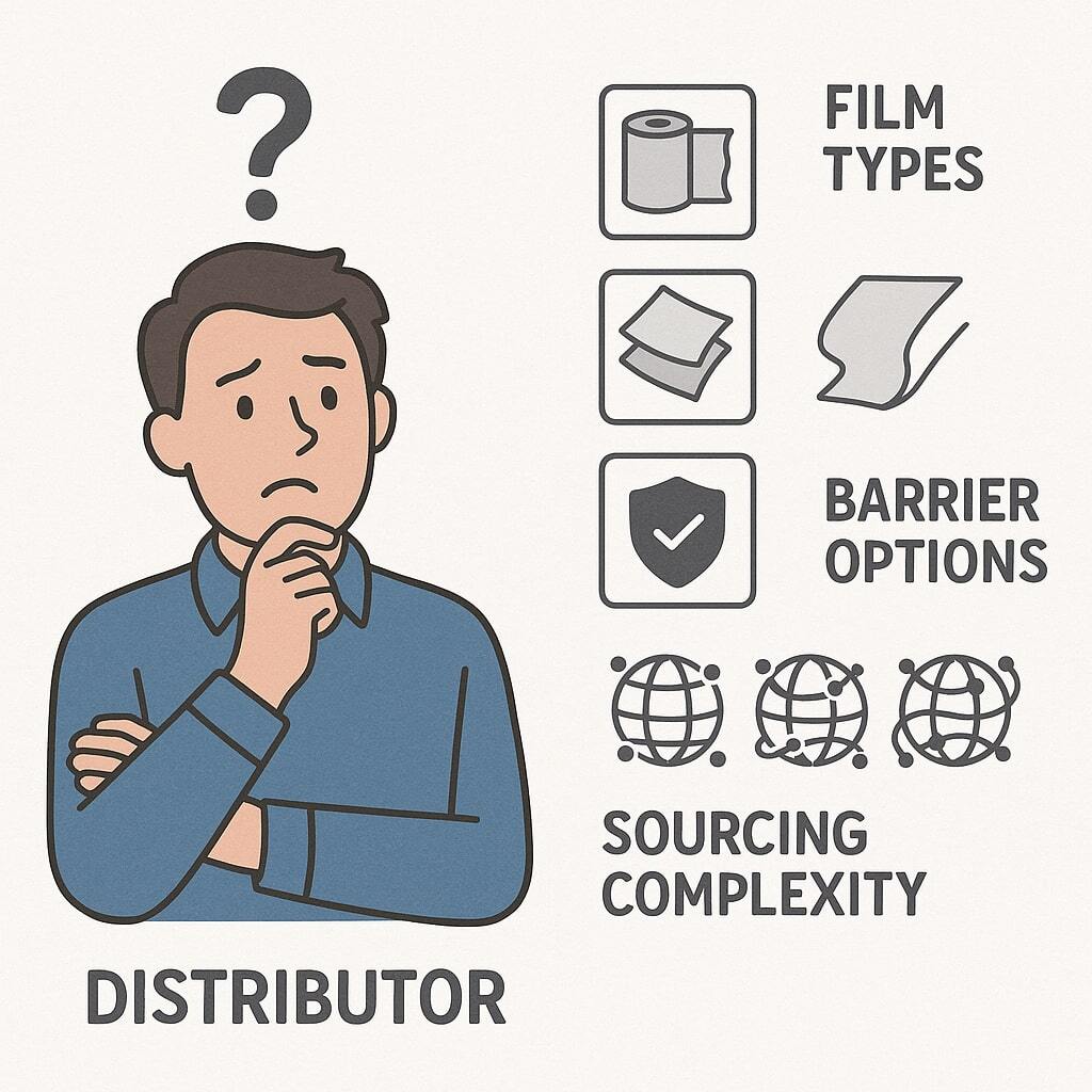 Packaging distributor looking uncertain next to icons for film types, barrier options, and sourcing complexity.
