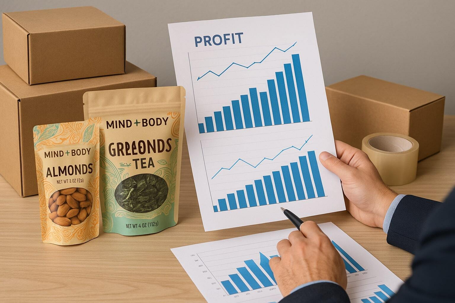 Packaging distributor reviewing profit charts for stand-up pouches alongside traditional boxes and tape. If there are realistic pouches in the image the pouches should have some design elements as though you might find them in a grocery store. Use the fictitious company Mind+Body as the brand and label the products with real products that would be packaged in the pouches. Do not use Lorem Ipsum copy in the graphic.