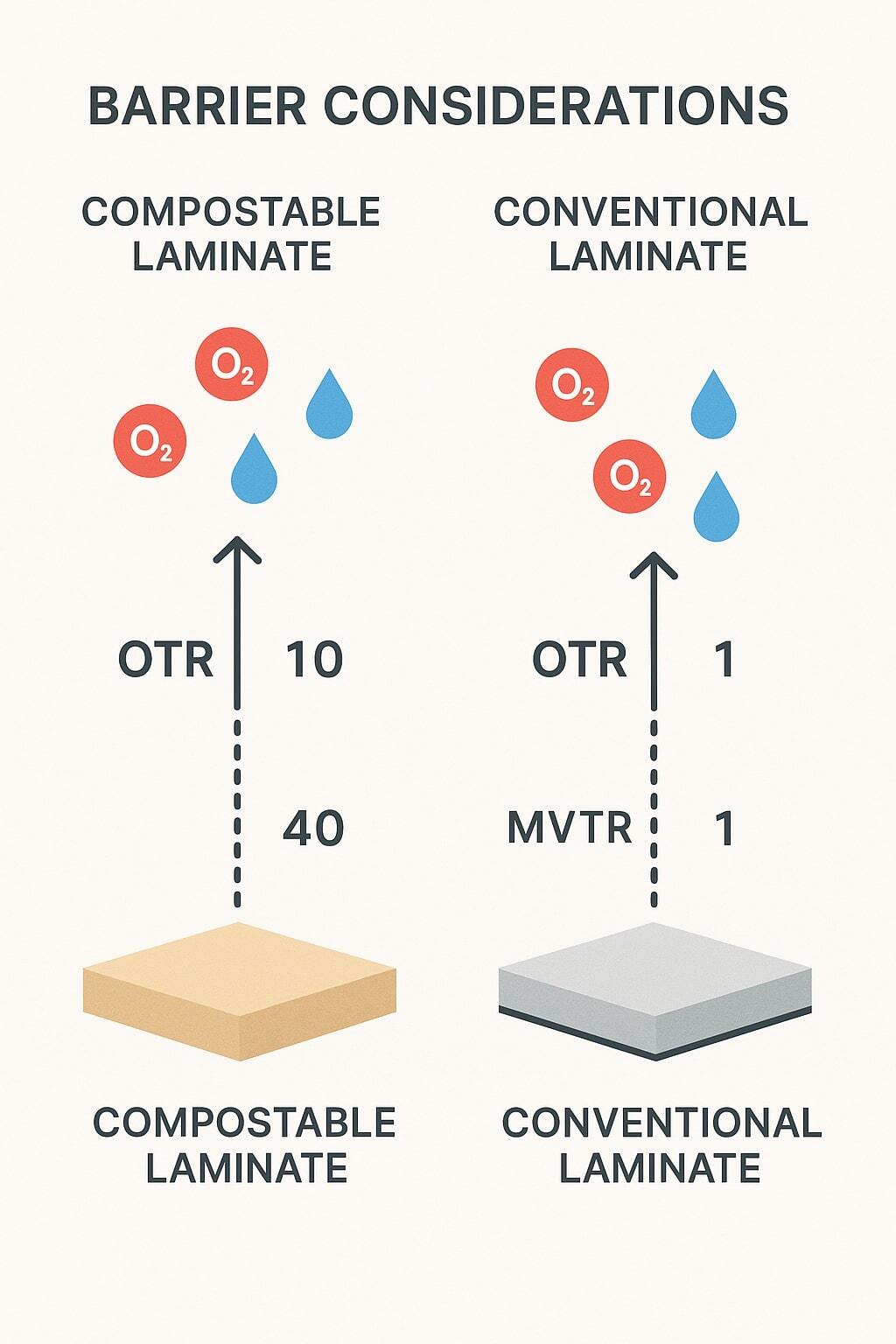 Diagram illustrating barrier layers and protection factors like moisture and oxygen.