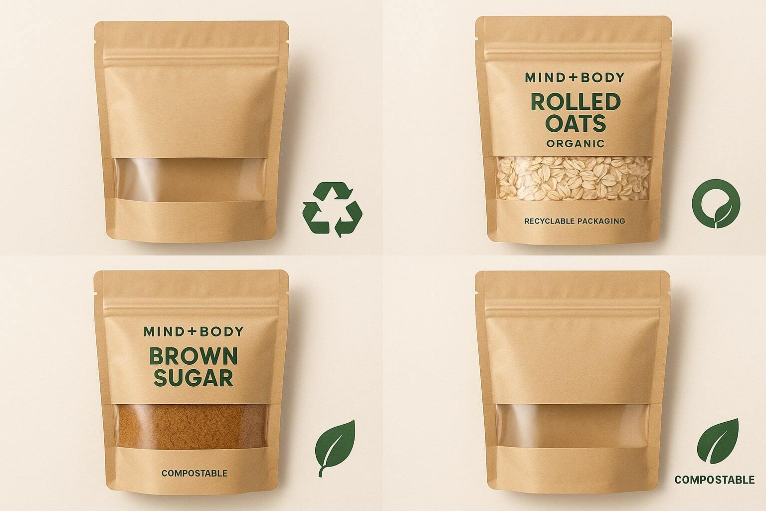 Collage of kraft, recyclable, and biodegradable stand-up pouches on a neutral studio background.