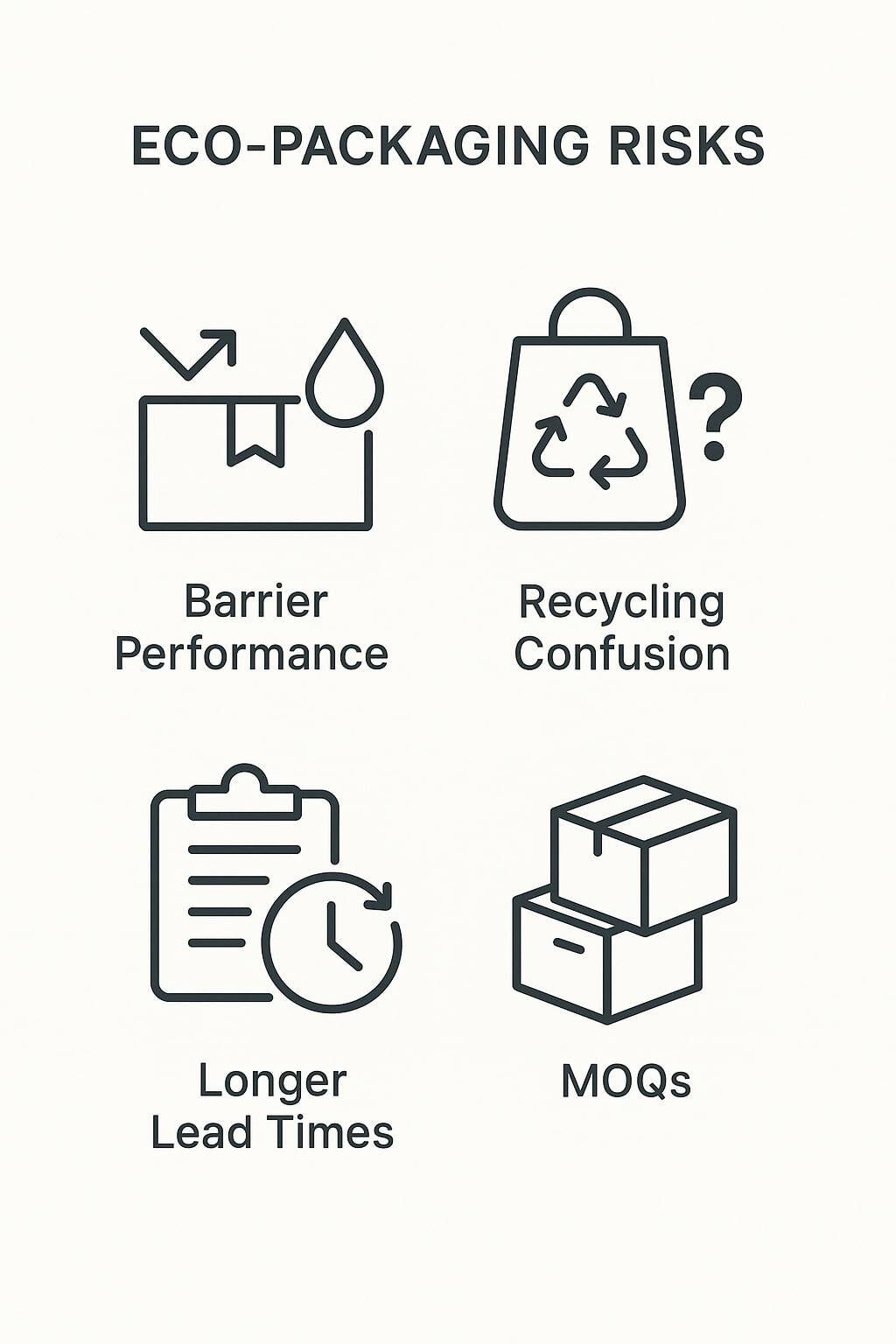 Icons representing barrier, recycling, lead time, and cost considerations for eco-friendly packaging.
