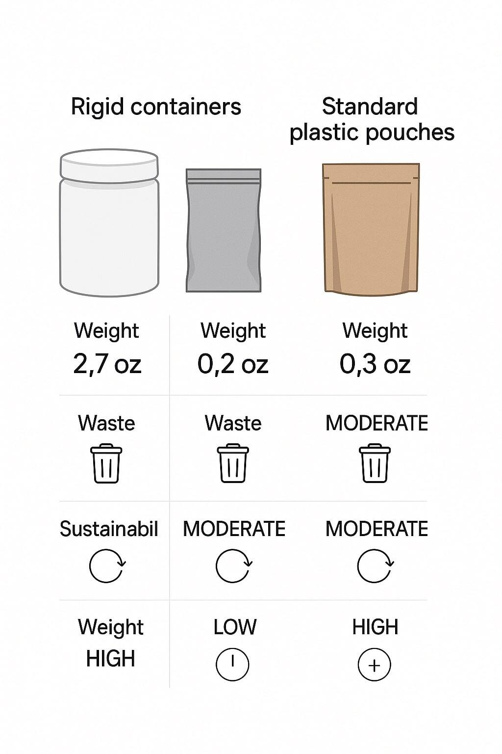 Side-by-side visual of rigid containers, standard pouches, kraft pouches, and compostable pouches.