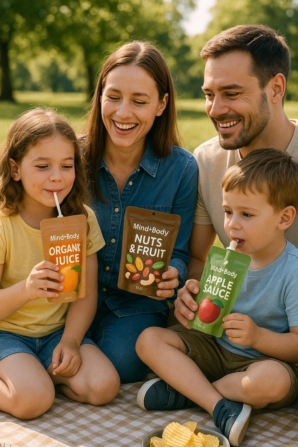 Family enjoying snacks and beverages in stand-up pouches during a picnic.