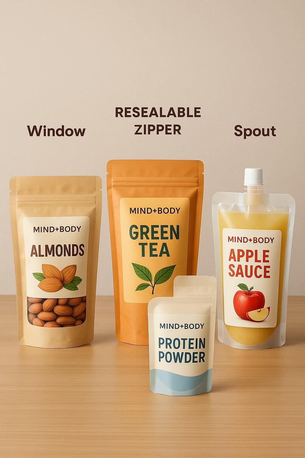 Pouches with windows, resealable zippers, and spouts arranged on a tabletop.