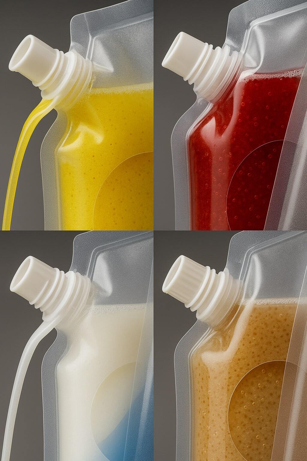 Close-ups of resealable spouts, easy-pour angles, and clear product windows.