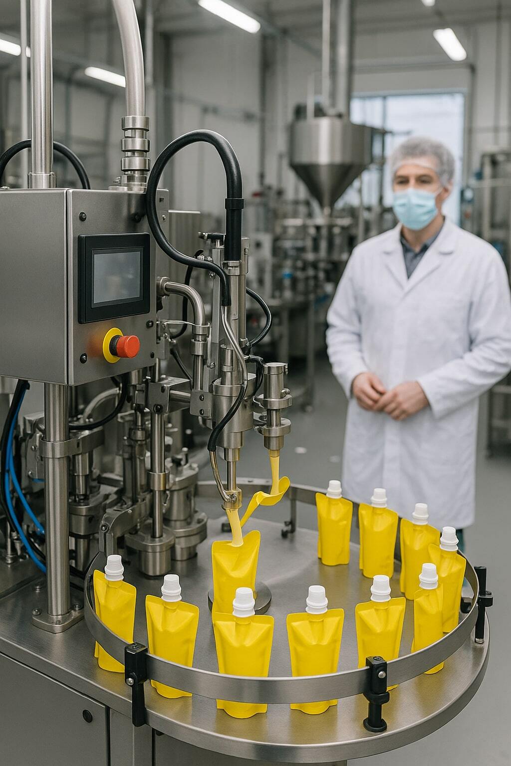Modern spouted pouch filling machine on a production line.