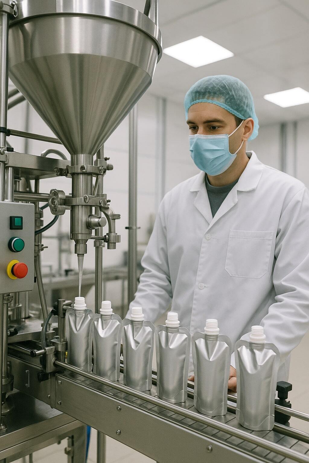 Technician monitoring a spouted pouch filling machine.