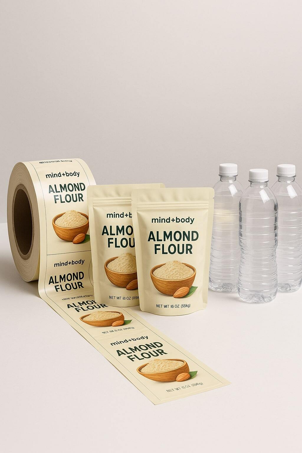 Roll of printed pouch film next to a row of plastic bottles to compare material costs.