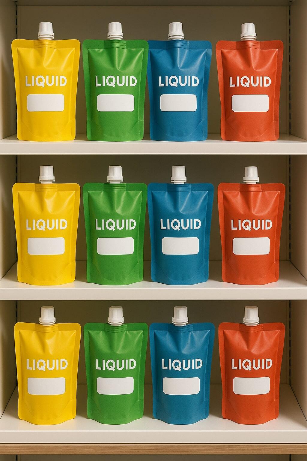 Shelf with multiple liquid products in spouted pouches emphasizing modern packaging.