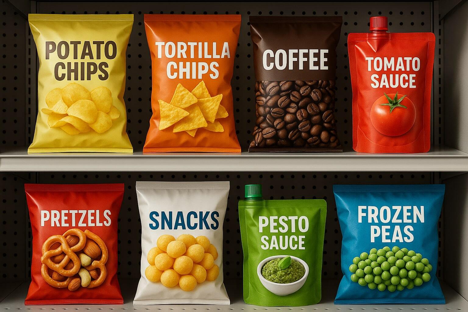 Food products displayed in flexible packaging pouches and bags on a grocery shelf.