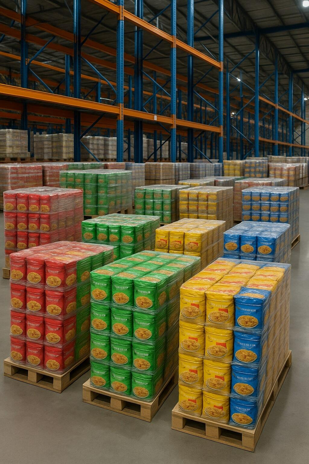 Ambient pallets of flexible-packaged food products staged for distribution.