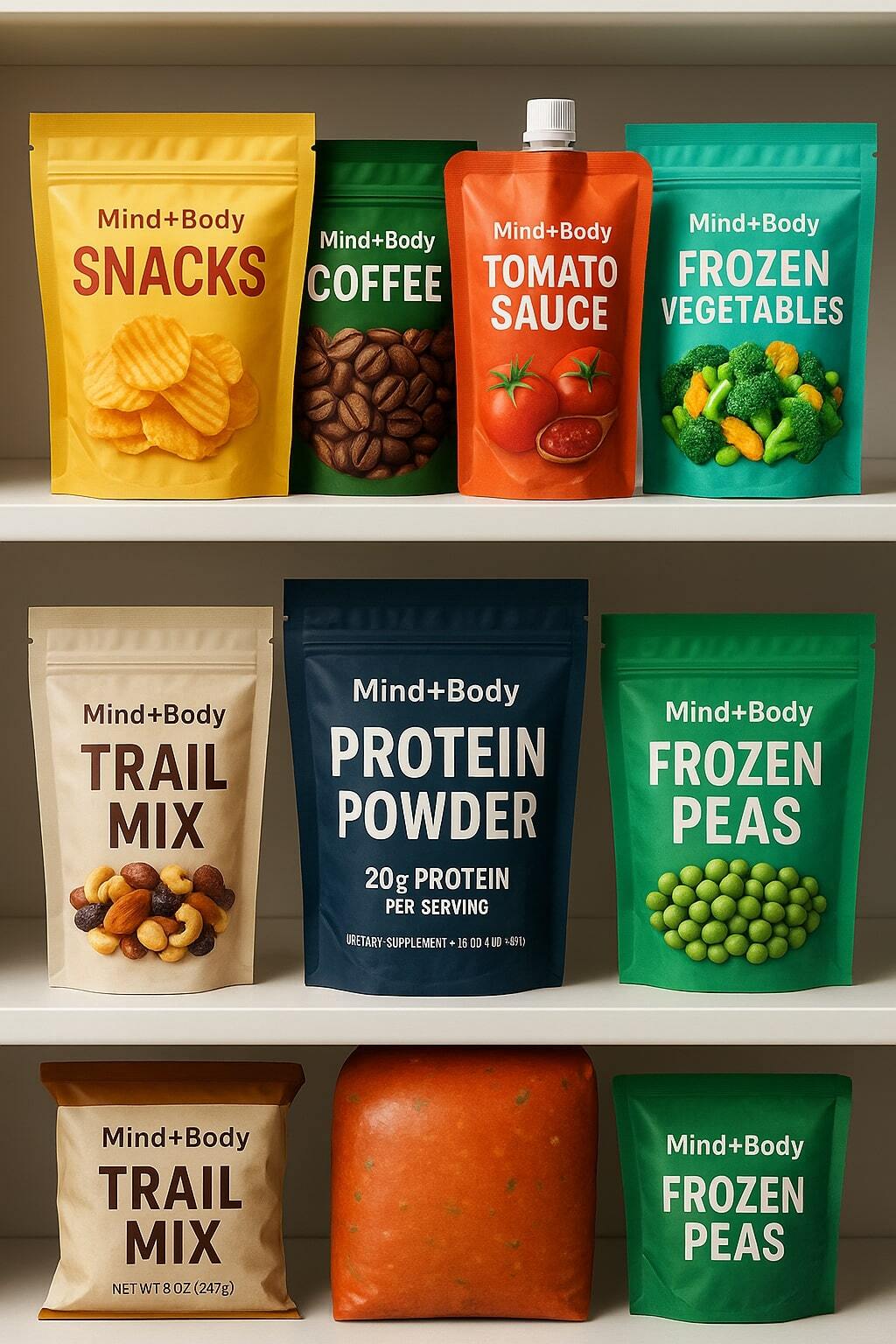 Assorted flexible food packages—snacks, coffee, sauces, frozen items—arranged on a clean retail shelf.