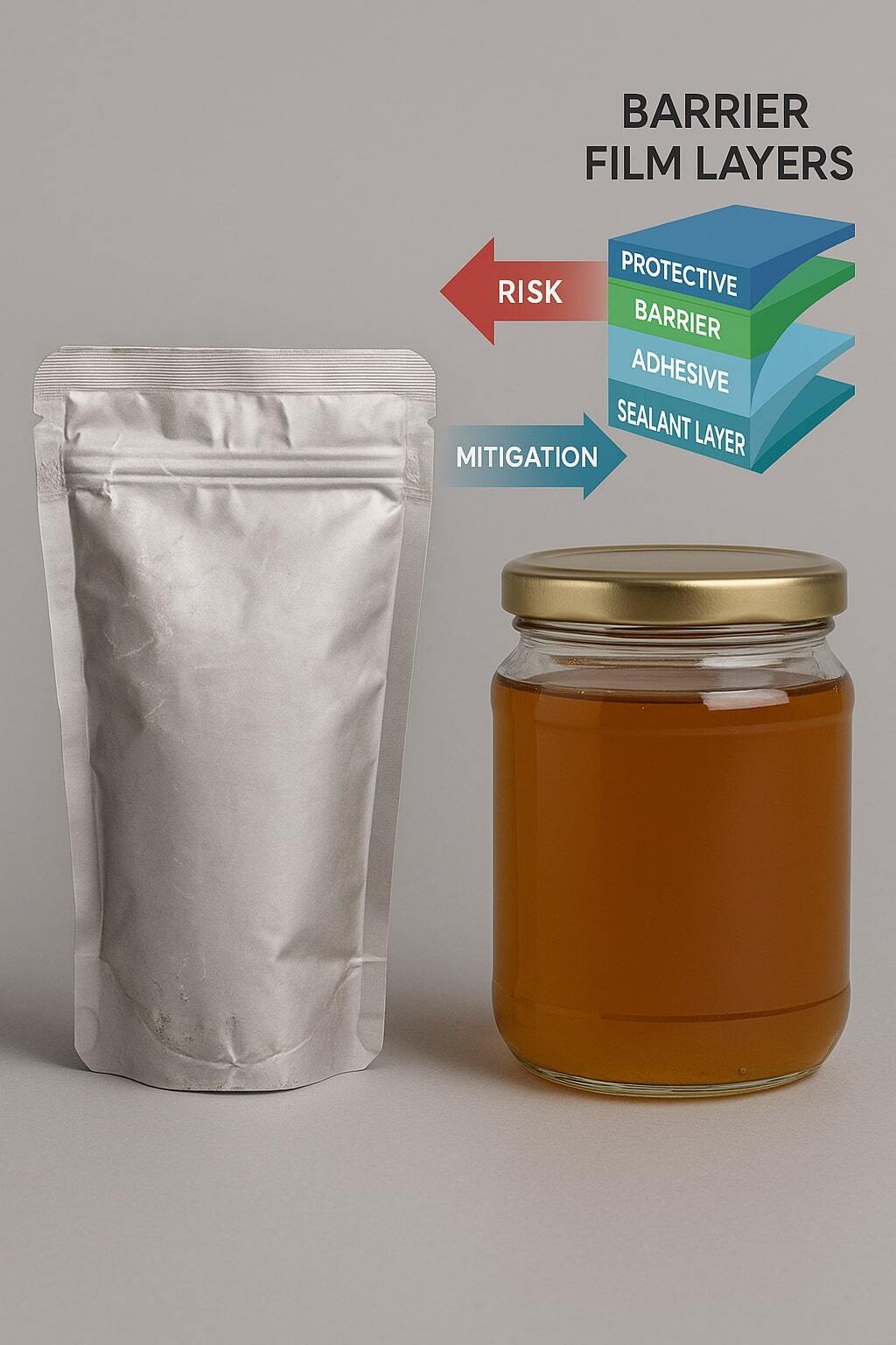 Close-up comparison of a scuffed pouch beside an intact jar to illustrate perceived fragility and barrier concerns.