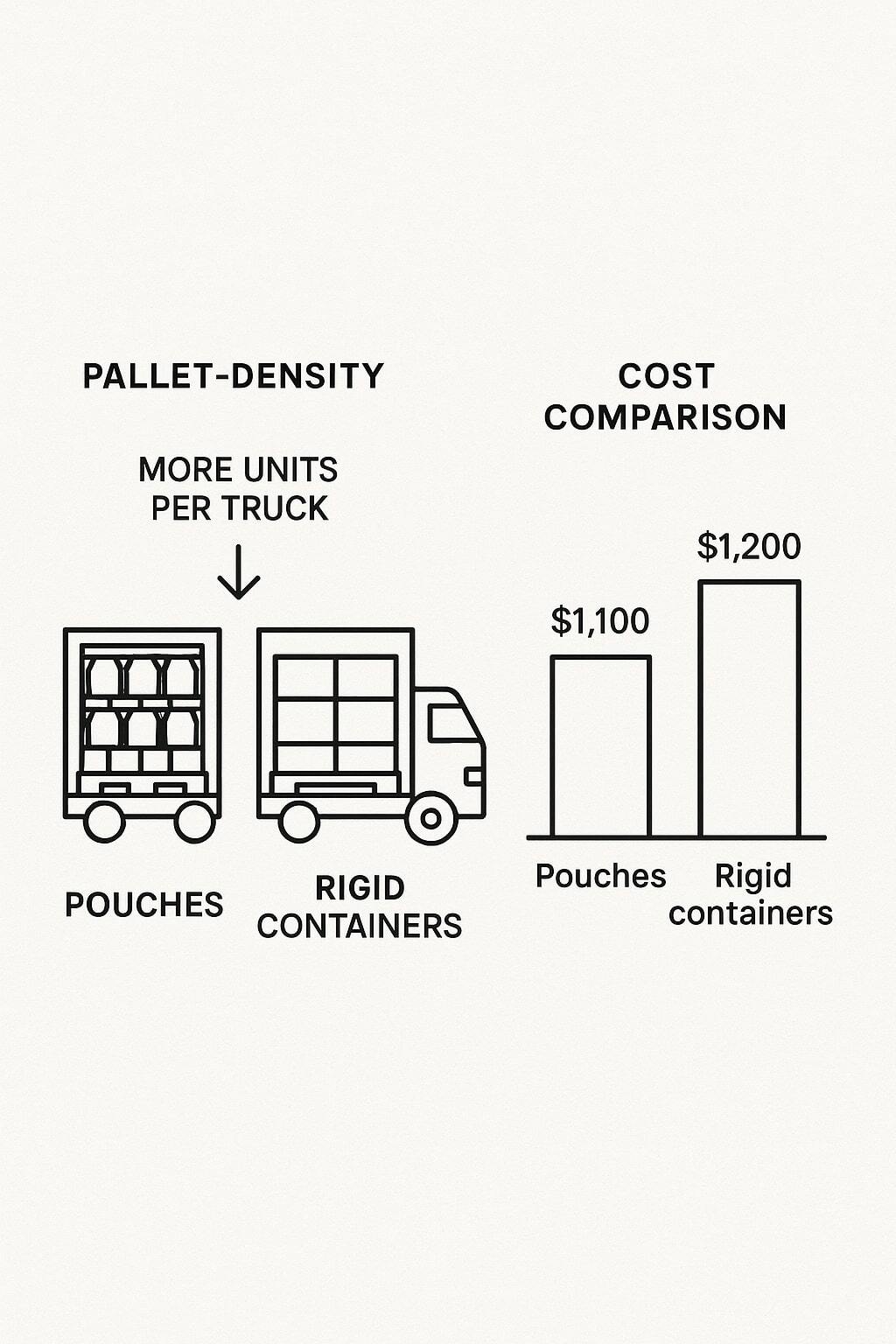Simple chart and pallet visualization comparing space and freight efficiency of flexible pouches versus rigid containers.