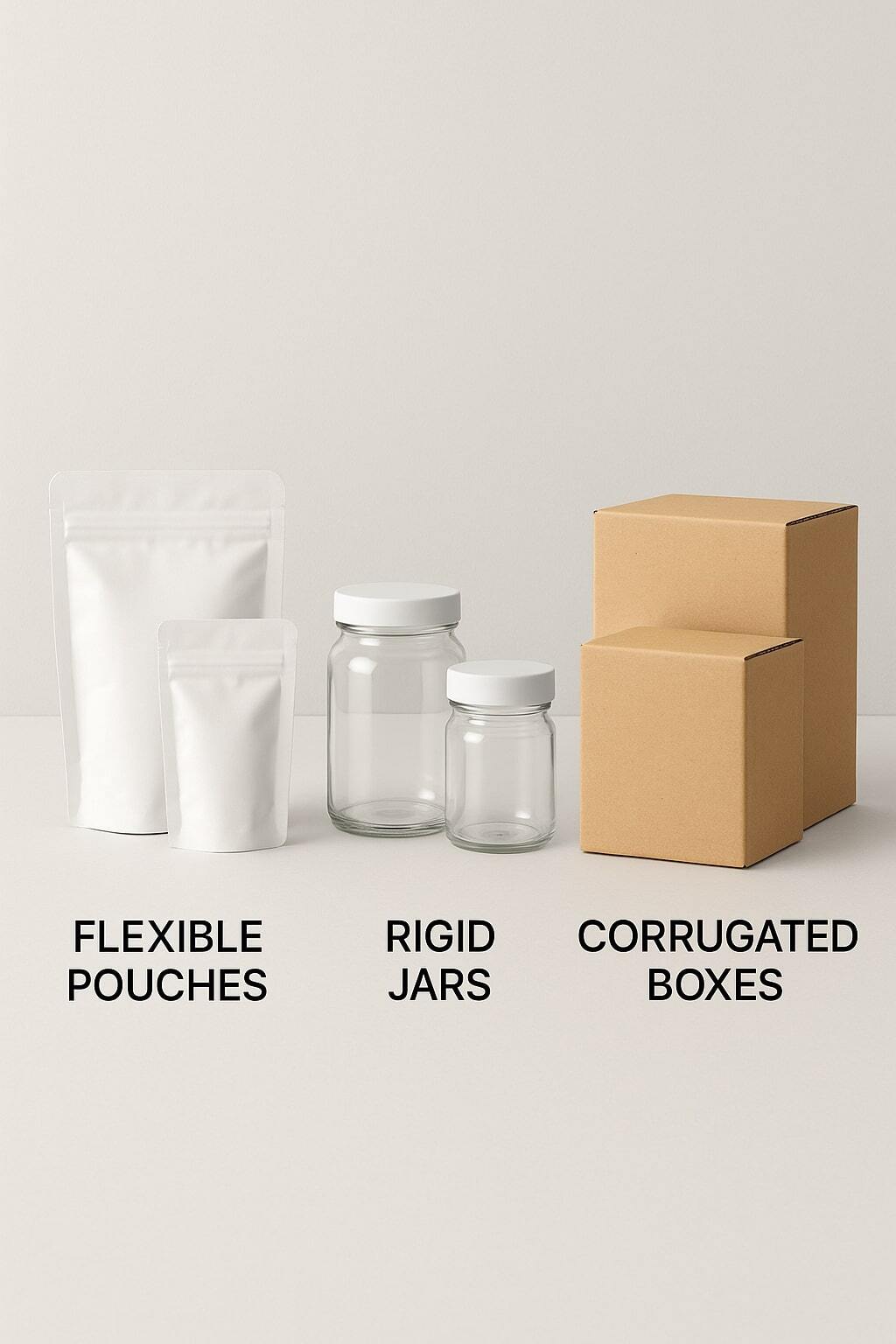 Side-by-side lineup of flexible pouches, rigid jars, and corrugated boxes to highlight differences.