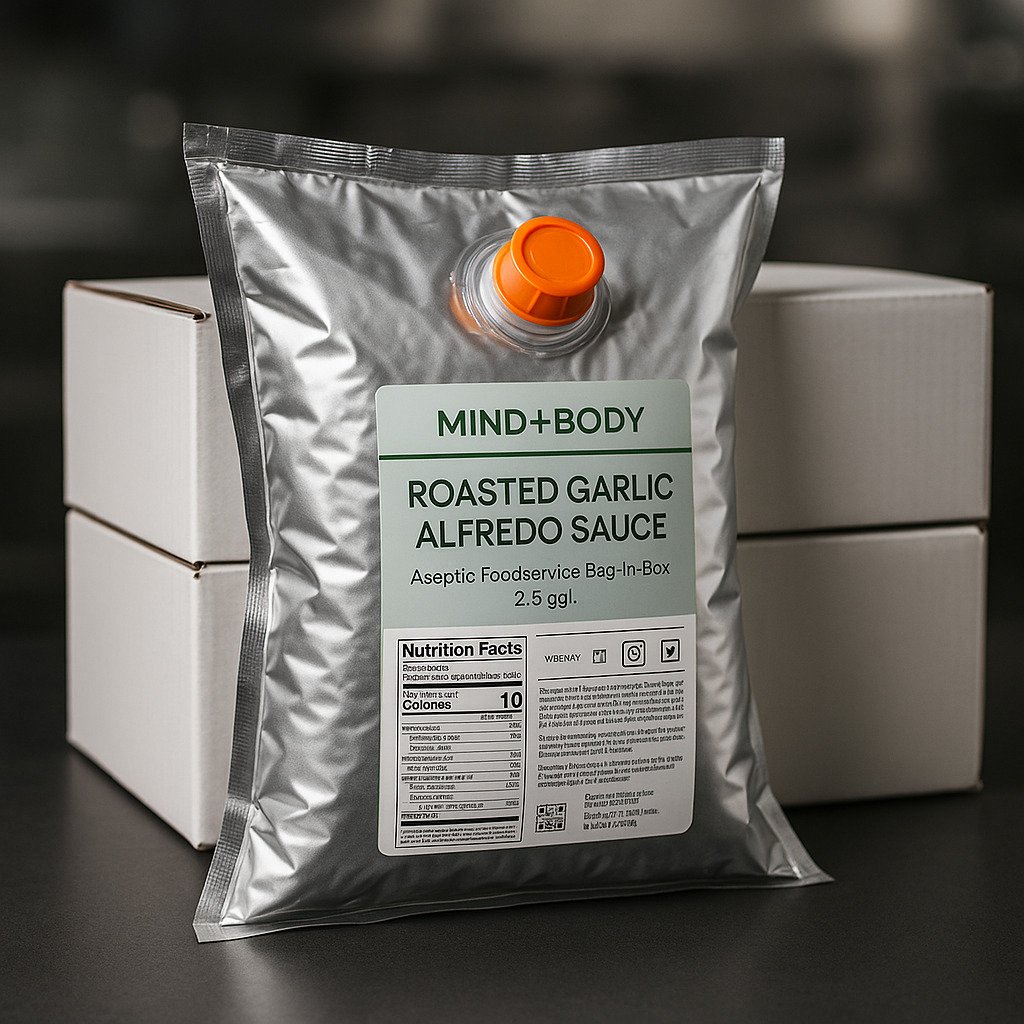 Foil aseptic bag-in-box liner with spout in front of white foodservice cartons