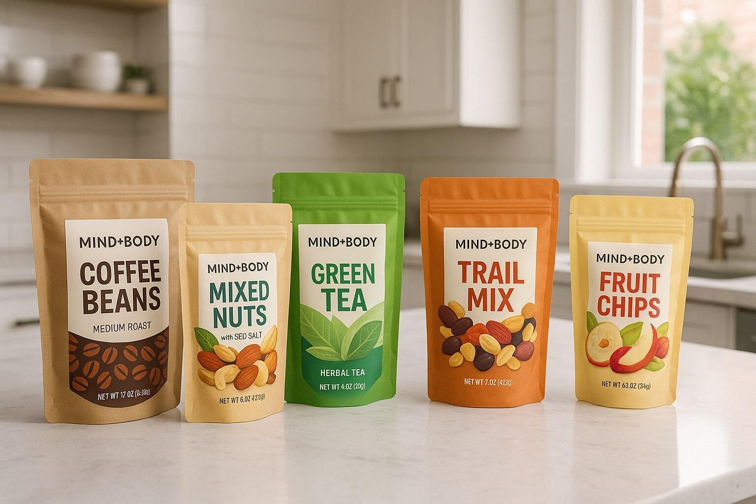 Lifestyle image of a variety of snacks and beverages in stand-up pouches displayed on a kitchen counter.