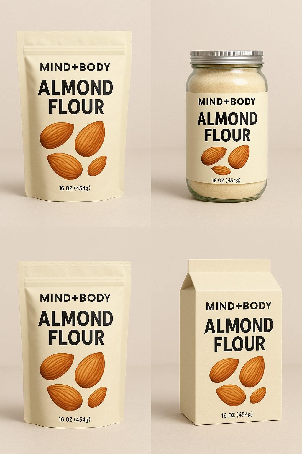 Side-by-side visual of a food product in a stand-up pouch, glass jar, metal can, and paperboard carton.