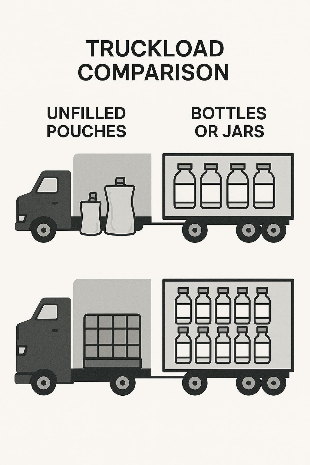 Truckload graphic comparing space taken by unfilled pouches versus bottles or jars.