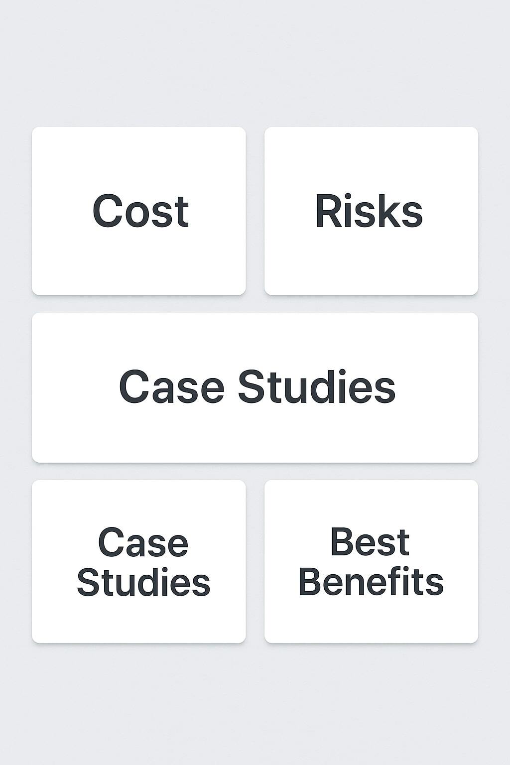 Grid of article tiles related to cost, risks, comparisons, case studies, and top benefits.