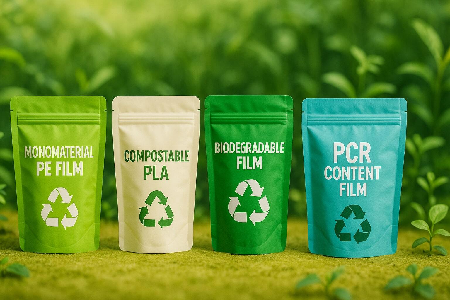A vibrant eco-friendly scene showcasing various sustainable flexible packaging pouches—monomaterial PE film, compostable PLA, biodegradable film, PCR content film, and kraft paper laminate—arranged on a natural background with subtle greenery and recycling symbols.