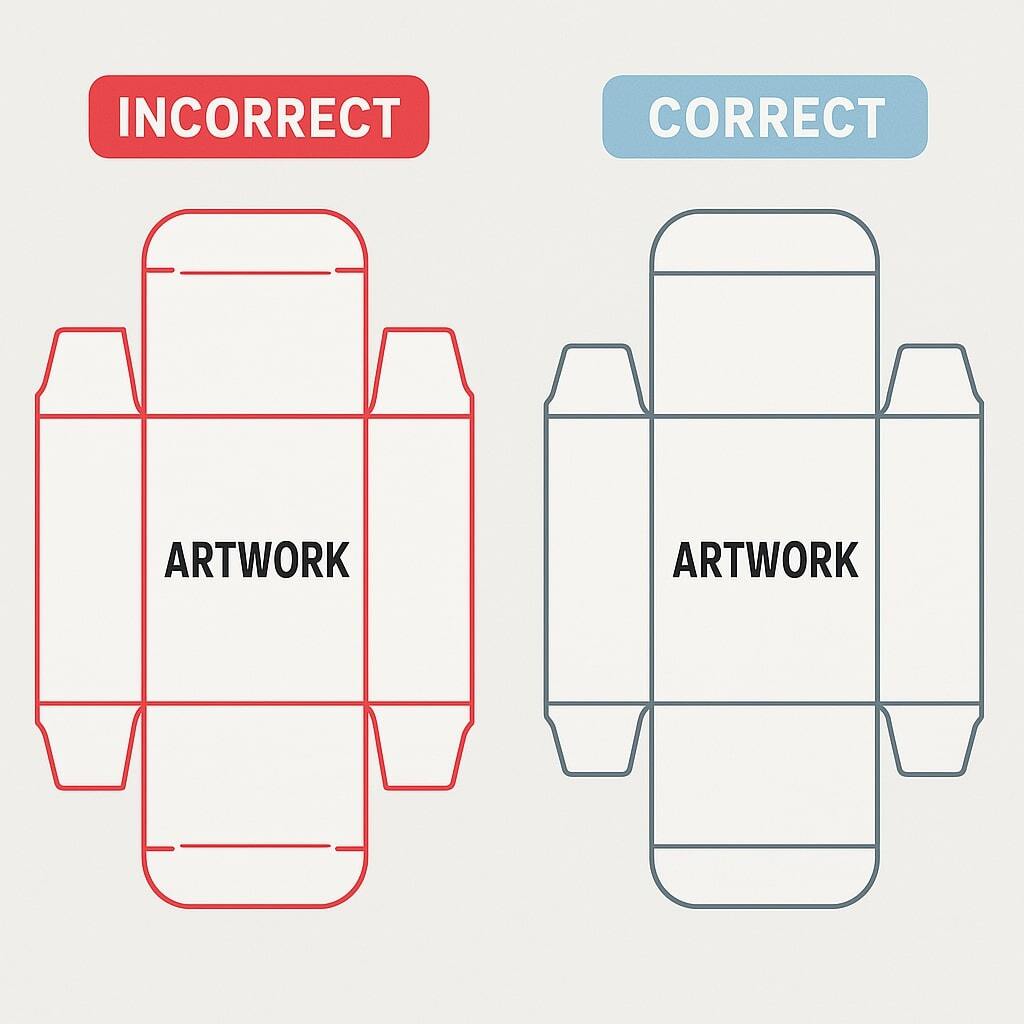 Illustration of incorrect dieline artwork next to corrected template.