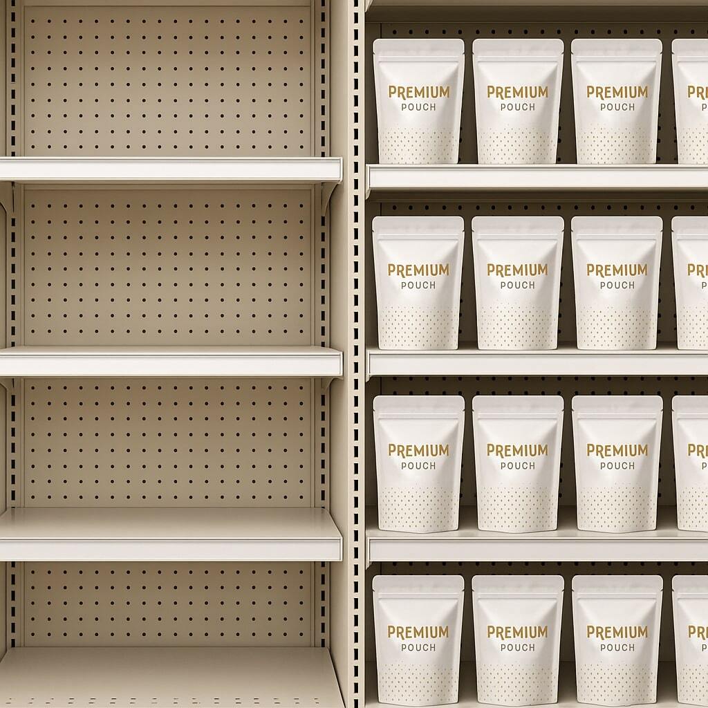 Empty retail shelf space next to well-stocked shelf with premium pouches.