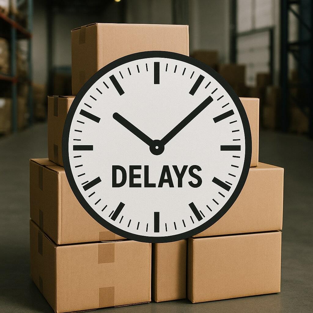 Clock overlay on a stack of pouches waiting in a warehouse, symbolizing delays.