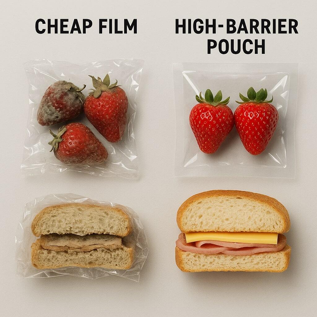 Comparison of food going stale in cheap film vs fresh in high-barrier pouch.