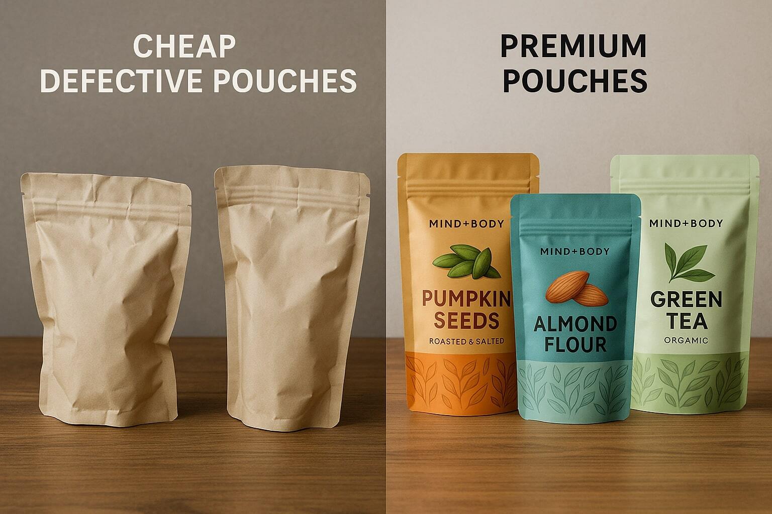 Split image showing cheap defective pouches on one side and premium pouches on the other. If there are realistic pouches in the image the pouches should have some design elements as though you might find them in a grocery store. Use the fictitious company Mind+Body as the brand and label the products with real products that would be packaged in the pouches. Do not use Lorem Ipsum copy in the graphic.