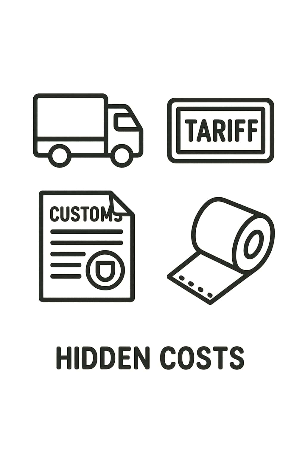 Icons for hidden costs such as freight, tariffs, and specialty materials.