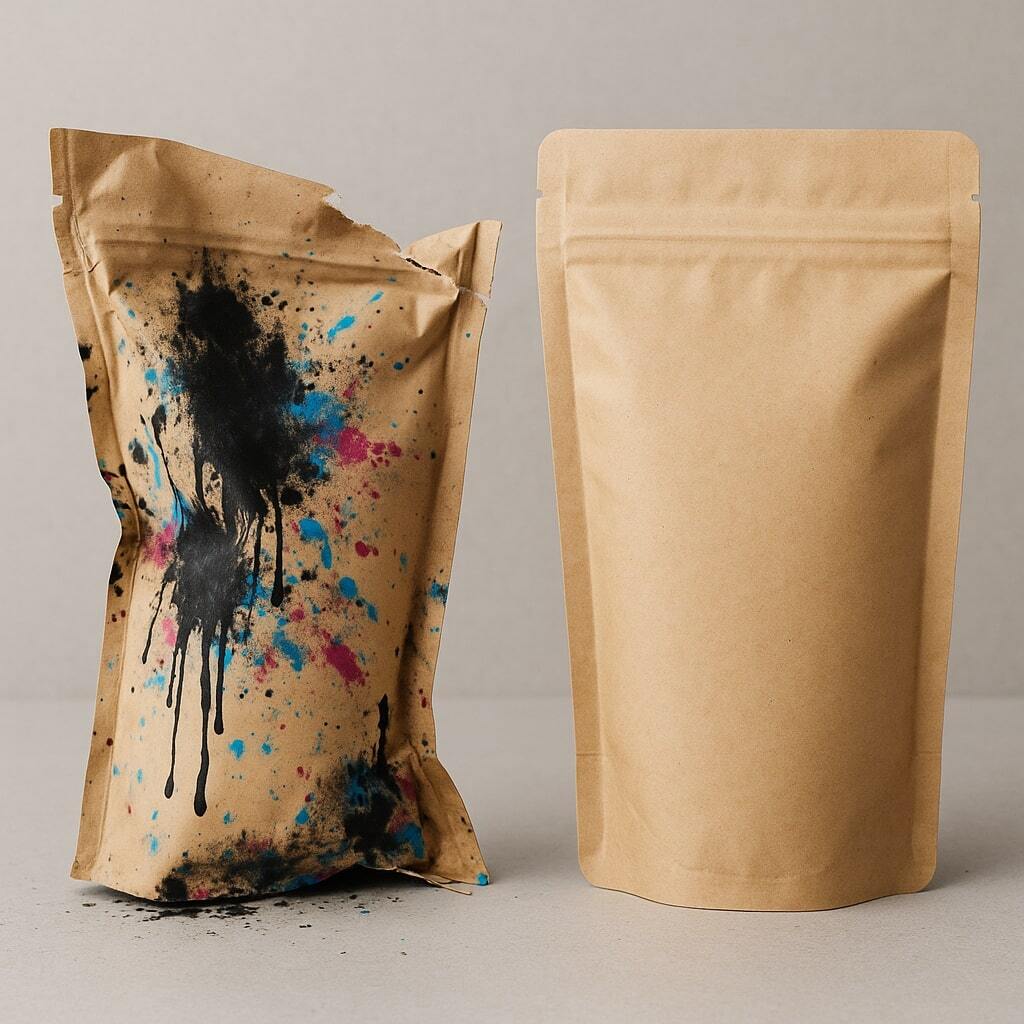 Broken pouch with ink smears and torn seams next to perfect pouch.