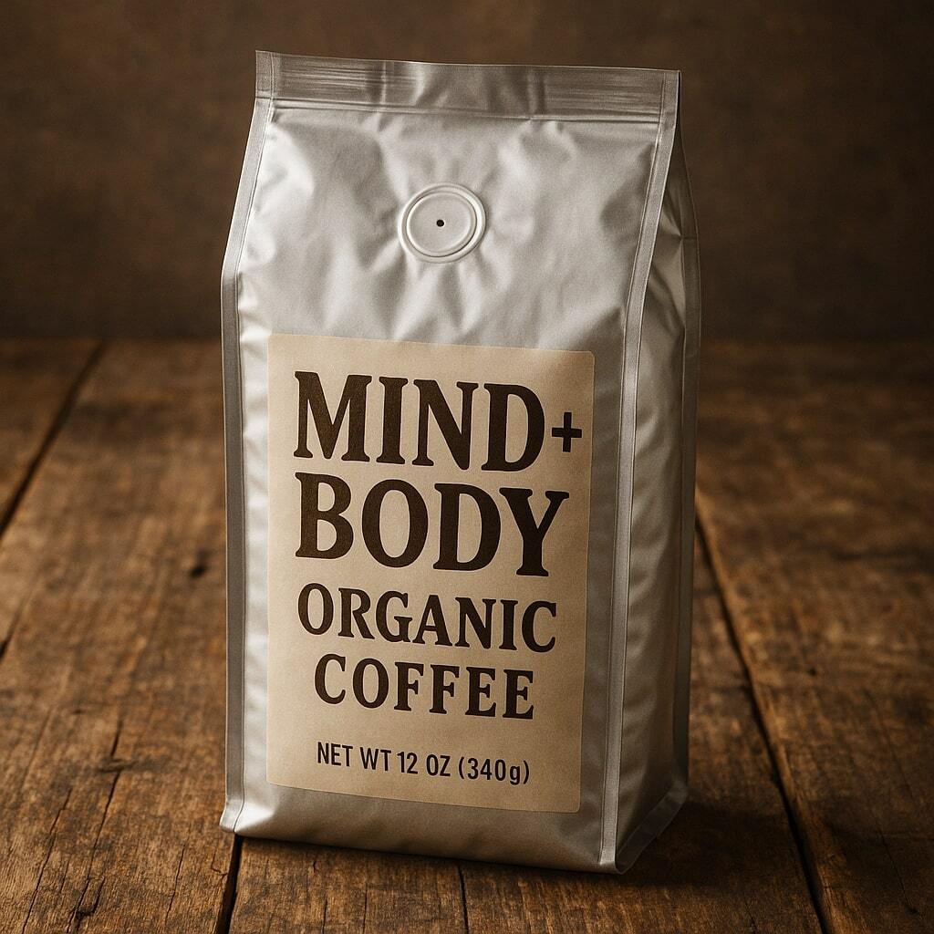 Foil-lined coffee pouch labeled Mind+Body Organic Coffee with a degassing valve on a rustic wooden table.