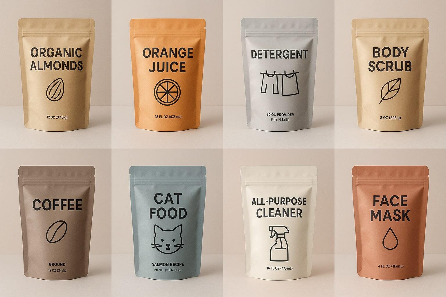 Collage of stand-up pouches across food, beverage, pet, household, and personal care categories on a clean studio background.