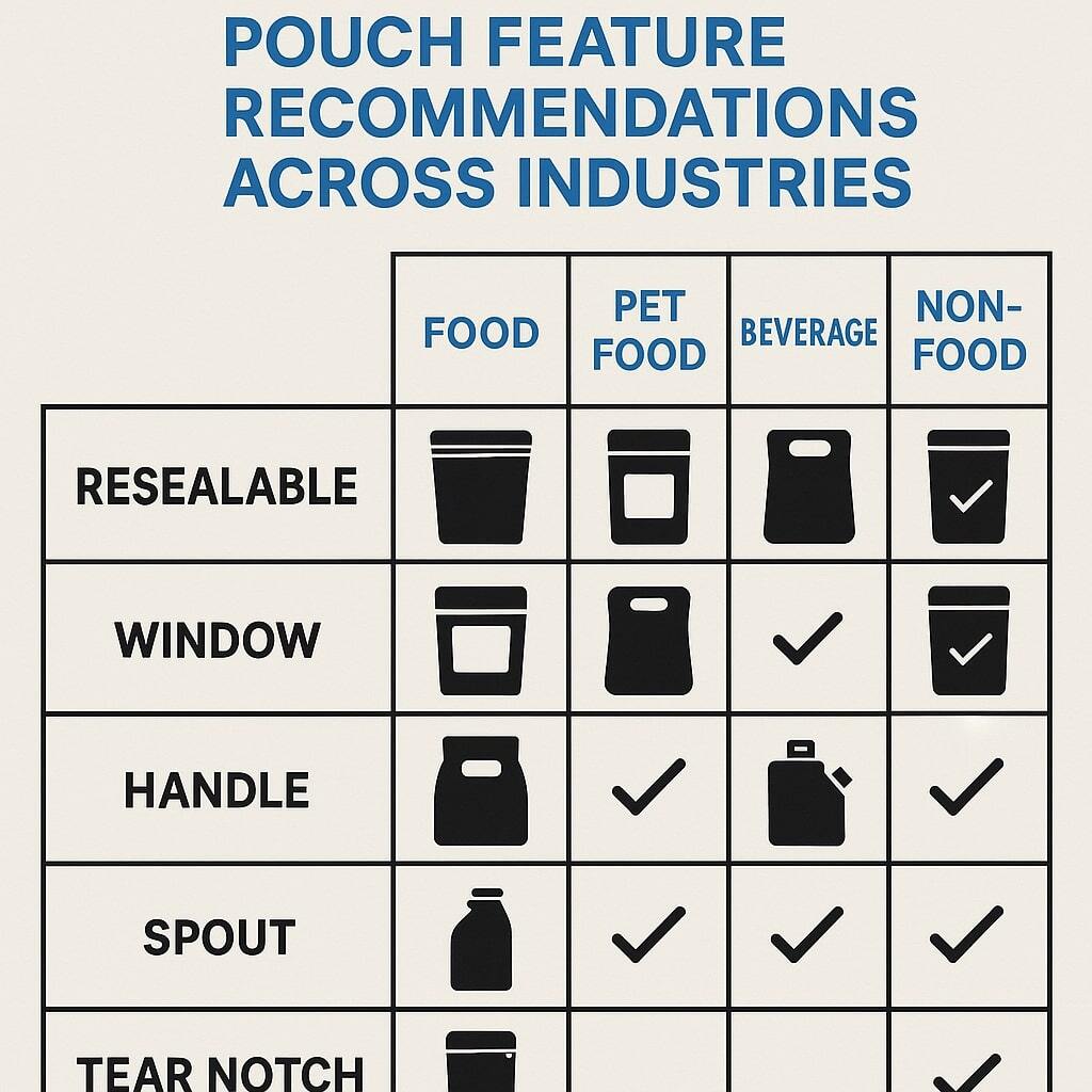 Graphic table illustrating pouch feature recommendations across industries with icons.