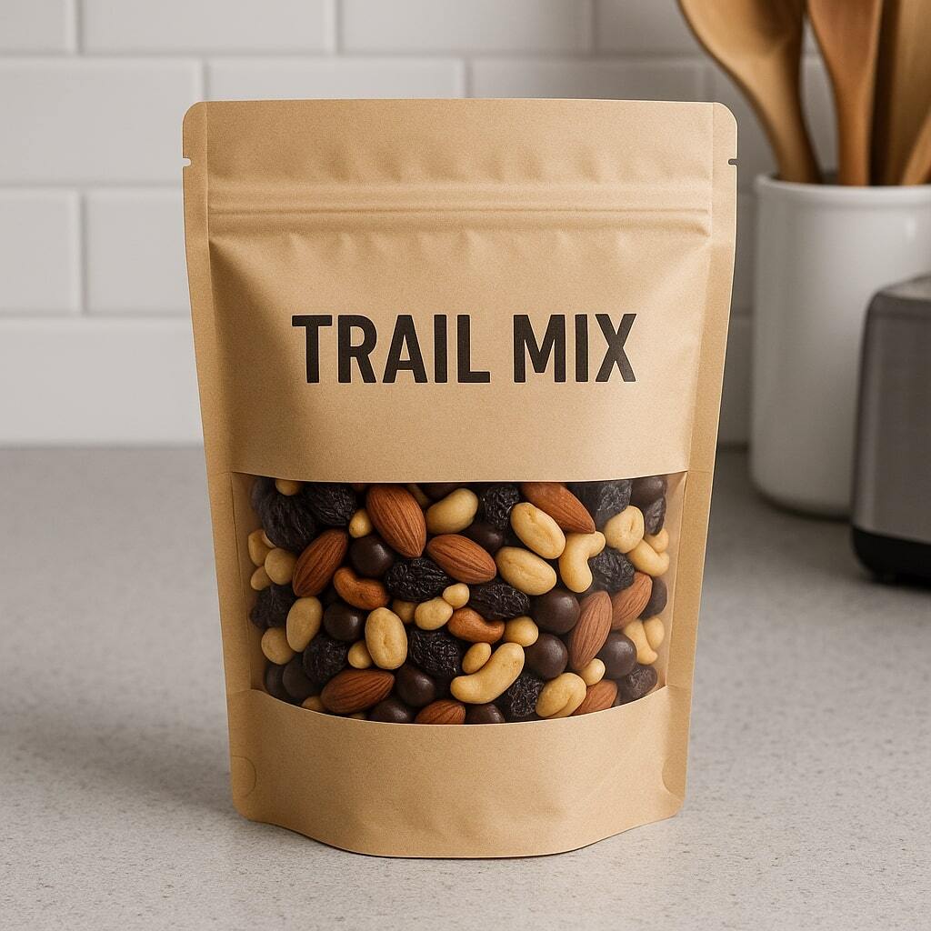 High-barrier snack stand-up pouch for trail mix with press-to-close zipper and clear window, on a kitchen counter.