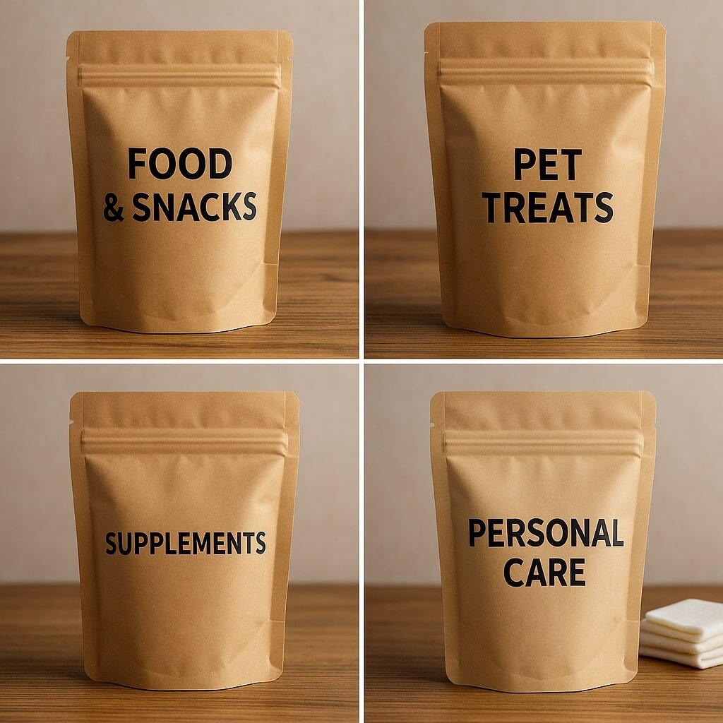 A split-screen collage showing stand-up pouch styles for food & snacks, pet treats, supplements, and personal care products arranged on a wooden table.